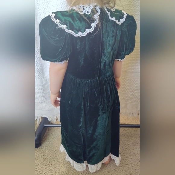 Gunne Saxe Velvet Puff Sleeve Dress Peter Pan Collar Dark Green Lace Trim - Picture 13 of 13